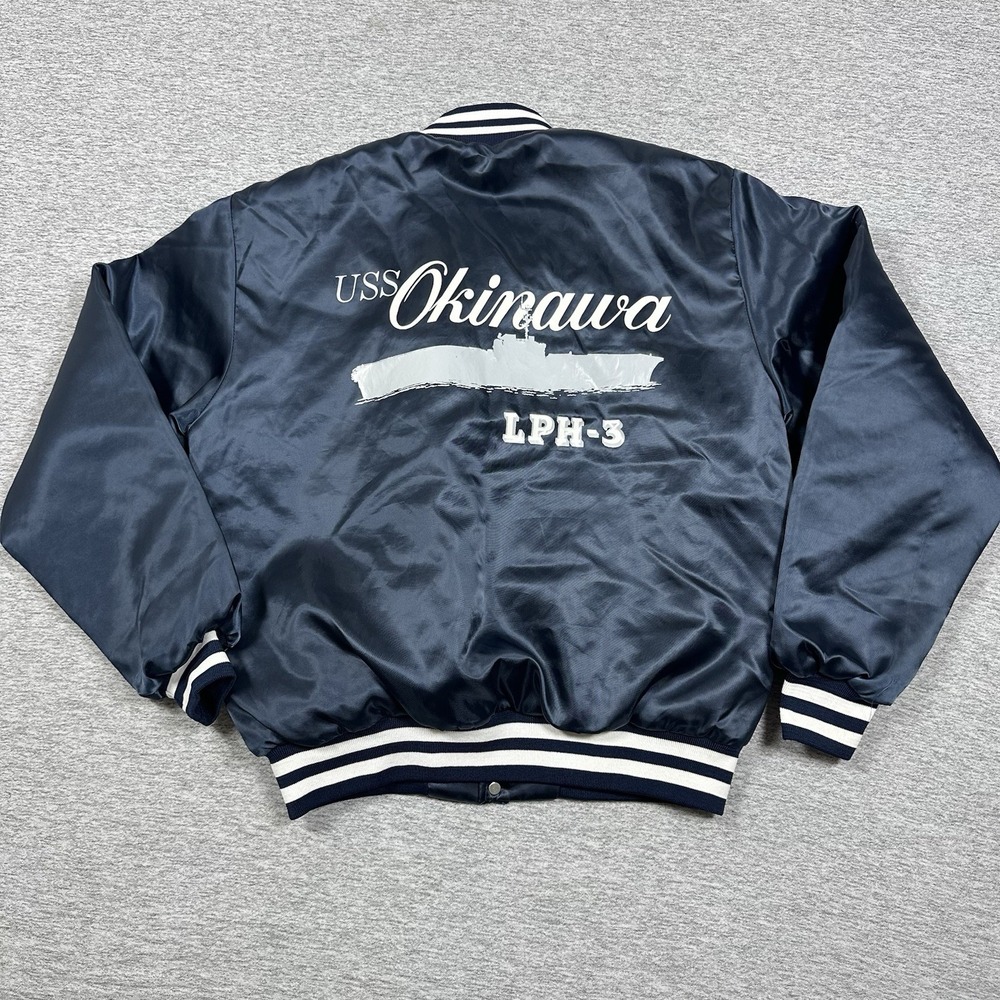Vintage Swingster USS Okinawa Jacket Mens Medium Blue Satin LPH-3 Navy USA